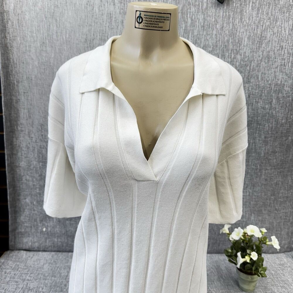 H&M Ivory Ribbed Knit Short Sleeve Collared V-Neck Pullover Dress Size M - Picture 2 of 9